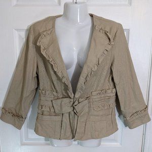 Spense Beige Linen Blend V Neckline Ruffle Details Blazer Jacket - size M